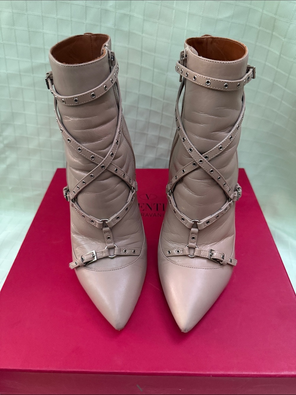 Valentino Garavani Blush Cream Leather Pointed Ankle Booties with Studded Straps
